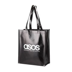 black metallic tote bag with an imprint saying asos discover fashion online