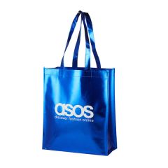 blue metallic tote bag with an imprint saying asos discover fashion online