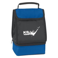 lunch bag with carrying handle, flap closure, and bottom compartment