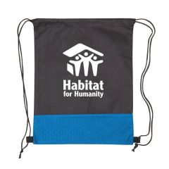 black drawstring bag with a bottom blue patterned design with an imprint saying Habitat for Humanity