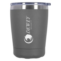 gray stainless steel bottle with a clear lid and an imprint saying Dewey Security