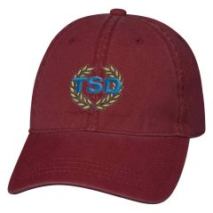 maroon cap with an embroidered stitching saying tsd