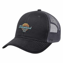 black mesh trucker hat with an embroidered imprint saying shepherd