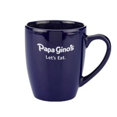 blue ceramic mug with an imprint saying Papa Gino's Let's Eat.