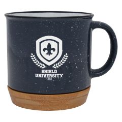gray campfire mug with a bamboo base and an imprint saying Shield University