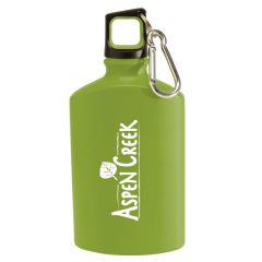 green canteen aluminum bottle with a carabiner attached and an imprint saying Aspen Creek