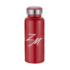 red stainless steel bottle with a silver lid and an imprint saying zm