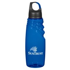 personalized blue plastic bottle with black lid, blue carabiner clip, and an imprint on the suntrust logo