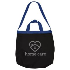 a black tote bag with blue trim and an imprint saying Home care