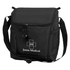 black cooler bag with adjustable strap, multiple pockets, and zippered main compartment