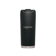 a black stainless steel tumbler with an imprint saying xignux