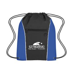 black drawstring bag with blue trim, front zippered pocket, earbud slot, and an imprint saying szymanski water rentals