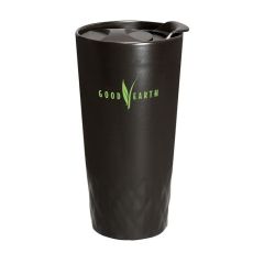 black textured tumbler with a plastic slide locking lid and an imprint saying Good Earth