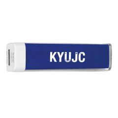 blue and white power bank with an imprint saying kyujc