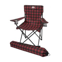 red and black checkerboard foldable chair with two mesh pockets and an imprint with text saying world outdoor store and a matching patterned carrying bag