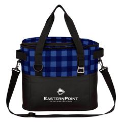 Blue and black checker cooler bag with carrying handles and detachable strap