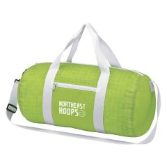 green checkered designed duffel bag with white straps, front pocket, and an imprint saying Northeast Hoops