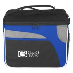 blue and black lunch bag with main compartment, adjustable strap and side mesh pocket