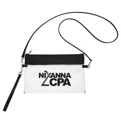 black and clear carrying pouch with detachable strap and wrist carrying handle and zippered main compartment