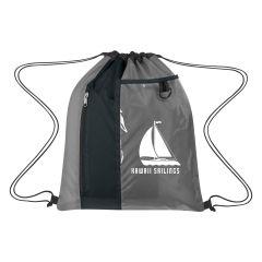 personalized drawstring bag with front zippered pocket, clear pocket, and loop for keys