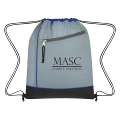 gray drawstring bag with blue trim and front zippered pocket with an imprint on the front saying masc charity marathon