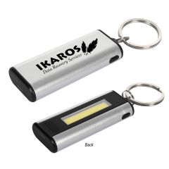personalized black and silver cob key light with split ring attachment and an imprint saying ikaros data recovery services