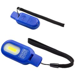 blue cob light with a safety whistle and an imprint saying MMG Meacham Medical Group