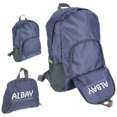 gray collapsible backpack zippered compartments, mesh pockets, and an imprint saying Albay Coffee Company