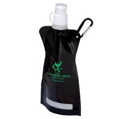 black collapsible bottle with a carabiner and cap and an imprint saying The culinary arts institute