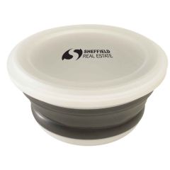 personalized black collapsible food container with imprint on top of container