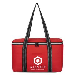 red cooler bag with carrying handles and main zipper compartment and an imprint saying arnot finance consulting firm