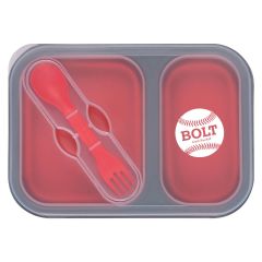 personalized red food container with dual sided utensil and two compartments
