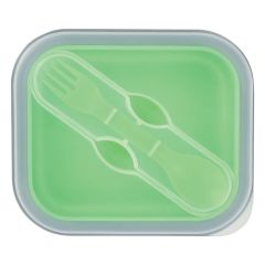 personalized green food container with dual sided utensil