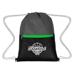 black, gray, and green non-woven drawstring bag with front zippered pocket and an imprint saying shepherd