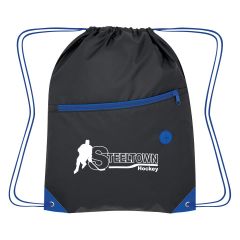 black drawstring bag with blue trim, front zippered pocket, earbud slot, and an imprint saying steeltown hockey