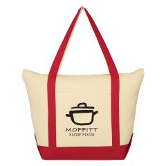 natural and red tote bag with front pocket, carrying handles, zippered main compartment, and an imprint saying moffitt slow food