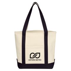 personalized white and black cotton tote bag with an imprint saying axford metro, carrying handles and front pocket