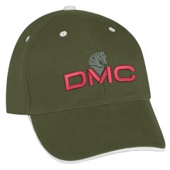 green hat with white trim and an embroidered stitching saying dmc