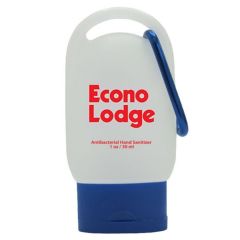 a hand sanitizer bottle with blue cap and carabiner and an imprint saying Econo Lodge