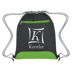 black drawstring bag with green trims on the front zippered pocket and bottom
