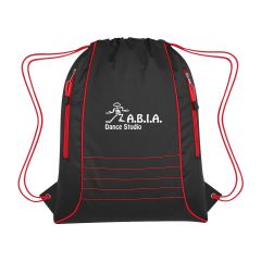 personalized black and red drawstring bag with two side zippered pockets