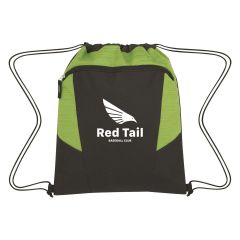 a black drawstring bag with green trimming, front zippered pocket, and an imprint saying red tail baseball club