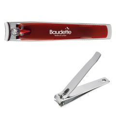 personalized silver nail clippers with a red top and an imprint saying baudette medical center