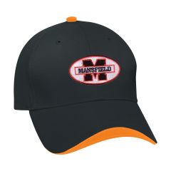 black baseball hat with orange trim and an embroidered design saying mansfield