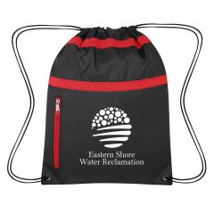 black drawstring bag with red trimming, front zippered pocket, and an imprint saying eastern shore water reclamation