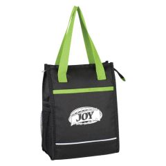 green lunch bag with matching handles and an imprint saying joy
