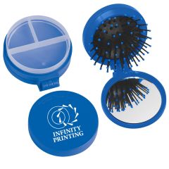 personalized blue hair brush with mirror and pill case