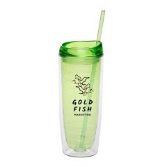 green acrylic tumbler with match colored lid and straw and an imprint saying Gold Fish Marketing