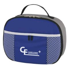 blue lunch bag with handle and front pocket