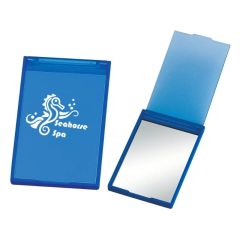 translucent blue compact mirror with a stand and an imprint saying Seahorse Spa